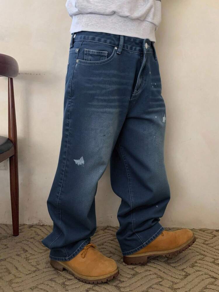 Men's Solid Color Washed Vintage Blue Jeans, Autumn