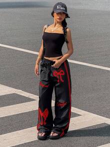 Muchica 黑色红色花卉印花梭织阔腿裤 - 黑色 - 查看 6