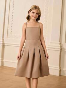 女孩优雅简约领长袖短款夹克搭配无袖束腰中裙套装，适合返校、圣诞节活动 - 咖啡棕 - 查看 3