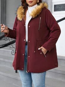 SHEIN Clasi Curve 大码女式日常休闲酒红色拉链连帽抽绳收腰长袖防风外套，带口袋、加热毛领和加热毛绒内衬，加厚保暖内衬提供额外保暖防风，温暖防寒，2025 新款，舒适保暖，大码女式长袖口袋休闲外套，适合秋季、冬季穿着，复古风格，适合外出穿着。 - 酒紅色 - 查看 12
