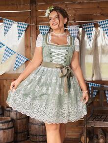 SHEIN Frenchy Dirndl-Kleid in Große Größen für Damen mit aufwendiger Stickerei und Spitze für Oktoberfest - Dunkelgrün - Übersicht 3