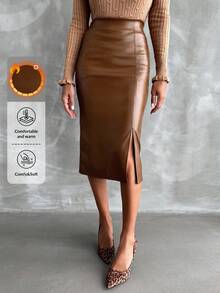 EURMUSE Split Thigh PU Leather Pencil Skirt