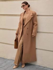 CLARA VERO Dam H-linjeformad lång ullkappa med slag, jacka, rockar, vinterkläder, jackor - Kamel - Visa 7