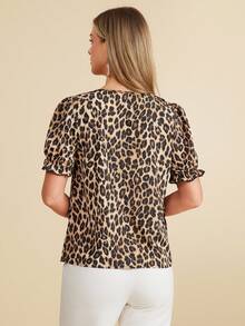 Amorya Women's Leopard Print Knot Neck Ruffle Trim Decor Top With Flounce Hem - Multicolor - View 2