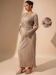 MaterniChic 2-częściowy, teksturowany komplet ciążowy z długim rękawem i okrągłym dekoltem oraz spódnicą - Wielbłąd - Zobacz 1