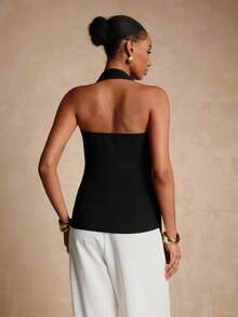 Vesra Women's Fitted Versatile Fashion Black Metal Buckle Decorated Vest