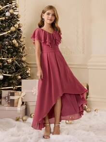 Girls' Layered Ruffle V-Neck Tie Bow Front Short Back Long Dress, Suitable For Flower Girl, Wedding, Prom, Birthday Party, Back To School, Graduation, Christmas, Halloween Fall Winter - Watermelon Pink - View 3