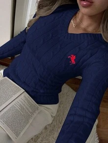 SHEIN EZwear 女士休闲骑士图案修身毛衣，秋冬 - 藏蓝色 - 查看 6