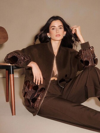 Anewsta Veste ample en mélange de laine à col de baseball avec fermeture éclair, épaules tombantes et perles pour femmes