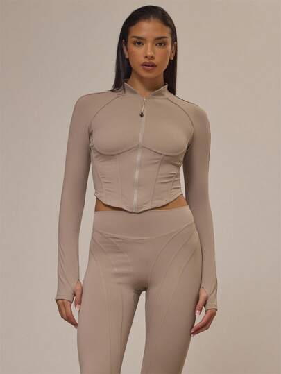 Musera Sport Chaqueta ajustada con cremallera y ribete de contorno para actividades deportivas, otoño, con diseño de remolino de canela