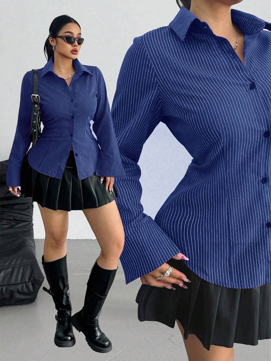 POPSWAY Camisa de manga larga a rayas con ajuste para tallas grandes - Azul - Ver 1