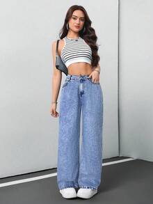 SHEIN Tall CURVE 女士加大码深蓝色宽松阔腿牛仔裤，夏季7月4日工作机场度假俱乐部高腰复古/冬季牛仔裤 - 淺色水洗藍 - 查看 4