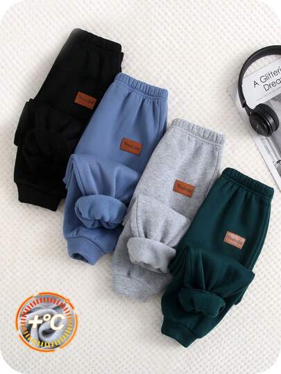 SHEIN 4件套男婴休闲可爱百搭纯色加厚保暖弹力腰运动裤，百搭运动裤套装，男婴运动裤，男婴慢跑裤，男婴冬季裤，新生儿慢跑裤，新生儿男婴裤，婴儿慢跑裤，新生儿冬季裤，秋季