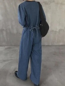 FRIFUL 女式纯色简约日常长袖牛仔背带裤和连体裤 - 藍色 - 查看 2