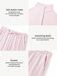 LUVLETTE 秋冬季女士柔软棉质华夫格基础款长袖纽扣衬衫长裤家居服两件套，带口袋，适合居家穿着。