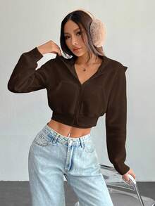 SHEIN PETITE 女款 Y2K 休閒純色拉鍊短版運動衫，秋冬女裝，適合嬌小女性 - 棕色 - 查看 2