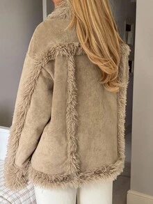 CovetEZ 女士棕色落肩长袖人造毛皮拼布休闲夹克，秋冬 - 棕色 - 查看 2