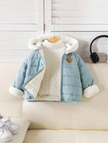 SHEIN 男婴拉链连帽外套，可爱休闲保暖内衬外套，适合男婴和女婴，秋冬季 - 彩色 - 查看 2