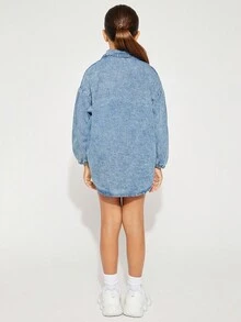 Radiana 青少年女孩 Y2K 休闲石洗落肩宽松柔软牛仔衬衫，青少年女孩返校服装套装