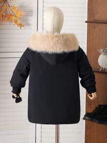 Áo khoác parka trùm đầu dày cho bé trai, cổ lông giả, khóa kéo, túi, tay dài, thời trang cho mùa thu/đông - màu đen - Xem 2