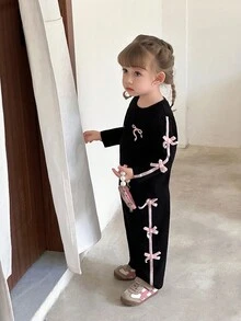 SHEIN Baby Girl Casual Set With Bow Decor Round Neck Long Sleeve T-Shirt And Pants, Autumn Fall Winter - Black - View 6