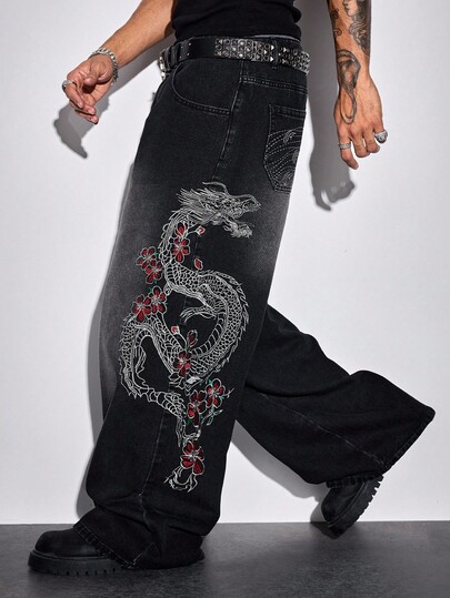 Street Life Jeans amples et décontractés pour hommes, style mode de rue, avec broderie de dragon chinois et motif floral, lavés