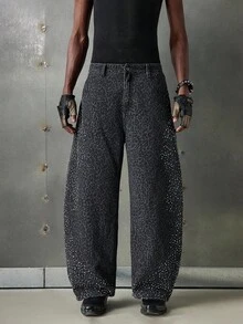 NEON BLANC Men's Street Fashion Casual Curved Knife Rhinestone Leopard Print Pants - Black - View 2