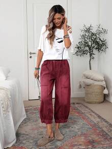 EMERY ROSE Quần jean denim cạp rút giặt cỡ lớn, thường ngày đi nghỉ - Đỏ - Xem 3