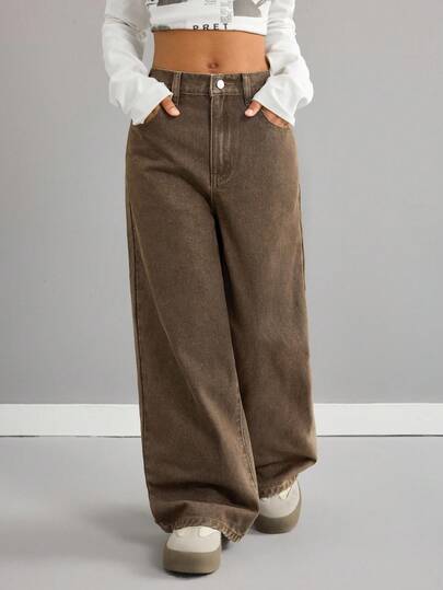 SHEIN Tween Girls' Casual Comfortable Loose Fit Wide Leg Brown Jeans Fall Winter,For Girls Fall/Winter Dailywear Costume,Girls Streetwear Outfits,Halloween Outfits,Christmas Outfits,Winter Jeans,Teen Jeans,Brown Pants,