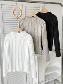 3 件套青少年女孩罗纹立领长袖修身 T 恤，休闲百搭上衣，适合居家和日常穿着，黑色/白色/杏色