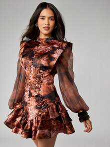 MISSGUIDED Renaissance Mini Dress Statement Shoulder Pads Chiffon Bishop Sleeves Victorian Style Corset Waist Tie Dye Ruffled Party Fashion - Multicolor - View 3