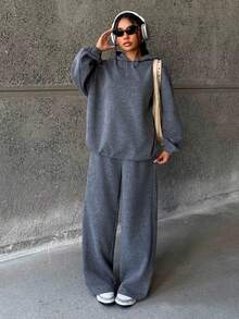 2pcs/Set Teen Girls Loose Fit Hoodie Sweatshirt + Pants, Casual Versatile Fashion Outfit Fall Winter - Grey - View 4