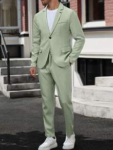 Manfinity Mode 男士两件套正式纯色长袖夹克和裤子西装，适合夏季休闲西装男士正装西装男士西装男士礼服男士婚礼西装