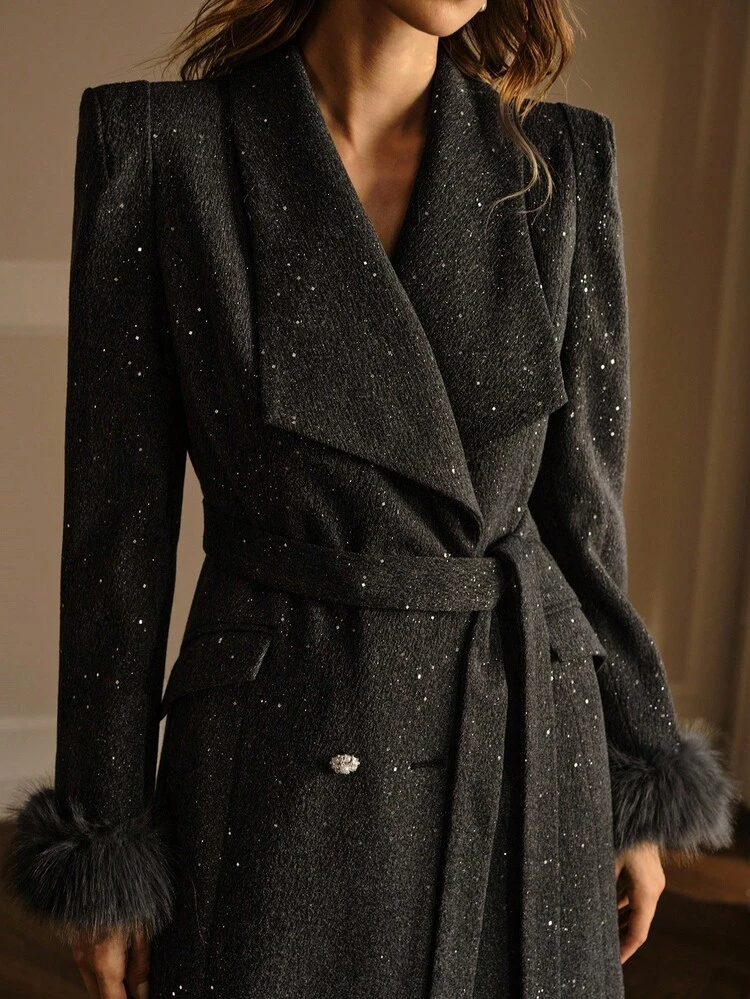 STARRY SEQUIN EMBELLISHED LAPEL LONG FAUX FUR TRIM PEARL RHINESTONE BUTTON ELEGANT WINTER OVERCOAT