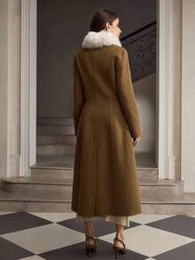 ZEYLAH Detachable Fur Collar Floral Chiffon Long Woolen Coat, Autumn/Winter - Brown - View 7