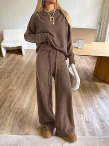 CovetEZ Women's Casual Solid Color Oblique Shoulder Loose Knit Sweater And Pants Set, Autumn/Winter Brown Knit Set Two Piece Set Women Comfy Brown 2 Piece Set Brown Sweater And Pants Set Two Piece Lounge Set Comfortable Two Piece Set Brown Outfit Brown Matching Set,Fall,Fall Clothes For Women - Coffee Brown - View 3