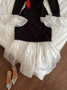 INAWLY Plus Size Color Block Stand Collar Ruffle Hem Fitted Long Sleeve Dress - Black - View 4