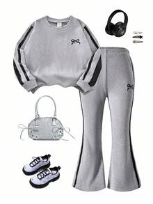 Sparklyn 年轻女孩休闲套装：领结条纹圆领长袖运动衫和喇叭裤，秋季 - 灰色 - 查看 8