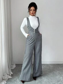 Elenzga Bộ đồ liền thân ống rộng có túi cài nút họa tiết răng sói thanh lịch + áo len cổ lọ 2 món dành cho nữ, mùa thu - Nhiều màu - Xem 5