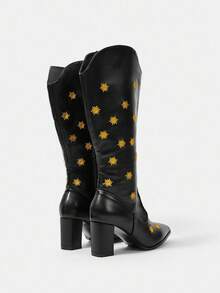 Styleloop Botas occidentales de tacón grueso con punta puntiaguda y flecos de ante para mujer, botas altas de ajuste ceñido - Negro - Ver 4