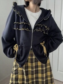 FRIFUL Women's Casual Ruffled Zip-Up Sweatshirt, Autumn Jacket - Navy Blue - View 6
