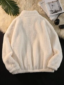 SHEIN 少女休闲家居户外保暖珊瑚绒高领拉链外套，饰有拉斯维加斯英文贴片，宽松落肩长袖带口袋，杏色，适合秋冬季穿着 - 杏色 - 查看 2