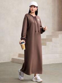 Graceveil 女式休闲抽绳装饰宽松圆领长款连帽衫，棕色，秋冬 - 棕色 - 查看 3