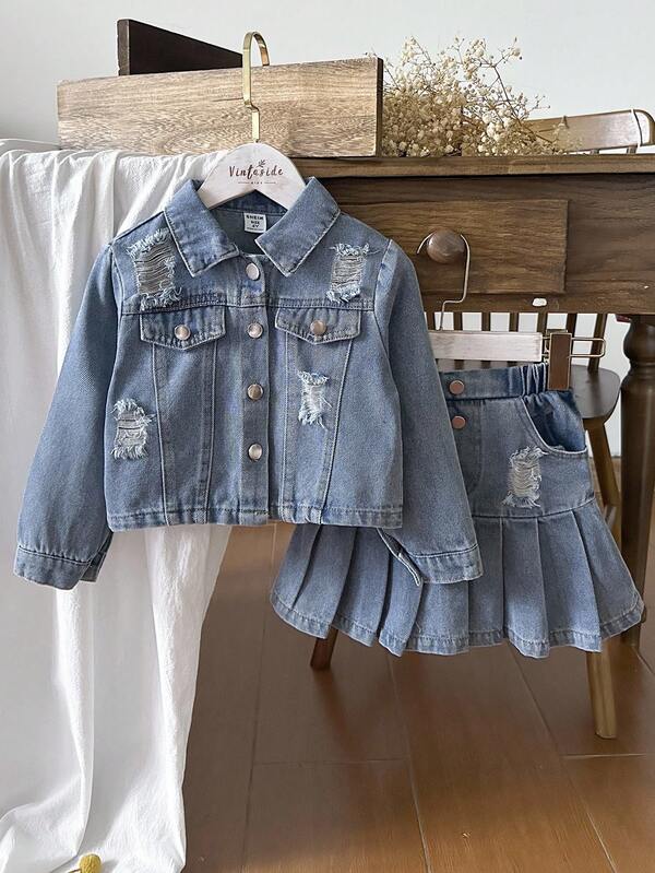 SHEIN Vintaside Kids Back To School Outfit For Girls - Blue Denim Washed Cotton Long Sleeve Distressed Jacket Paired With Pleated Skirt 2-Piece Set Fall Winter