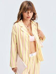 LOUNGEISTA 2pcs Women Loose Comfortable Breathable Striped Long Sleeve Pajama Set - Yellow - View 8