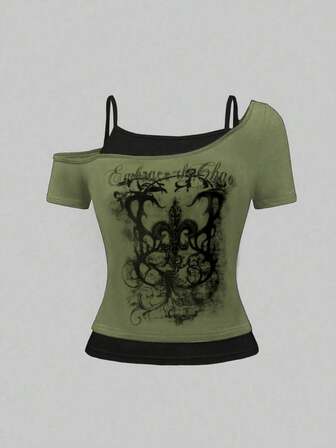 Grunge Punk T-shirt femme à imprimé floral rétro de musique rock, avec couleurs contrastées et épaules tombantes