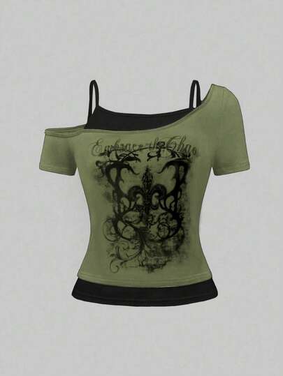 Grunge Punk T-shirt femme à imprimé floral rétro de musique rock, avec couleurs contrastées et épaules tombantes