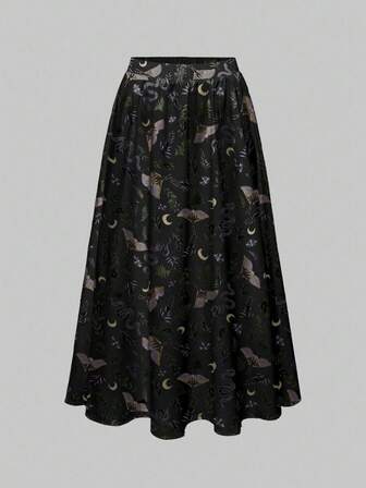 Goth Falda holgada y fluida de talla grande con estampado gótico, oscuro y misterioso de mariposa negra, murciélago, planta, sol, luna, estrella y polilla, adecuada para Halloween