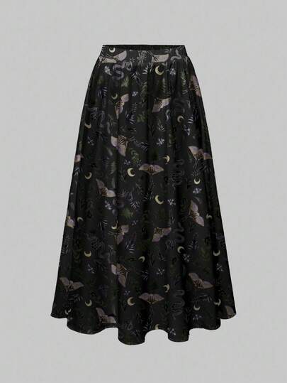 Goth Falda holgada y fluida de talla grande con estampado gótico, oscuro y misterioso de mariposa negra, murciélago, planta, sol, luna, estrella y polilla, adecuada para Halloween