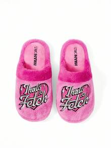 Mean Girls X SHEIN Pantofole da donna alla moda e carine con ricamo argento, antiscivolo per interni, morbide pantofole rosa in pelliccia sintetica calde per l'inverno, suola durevole, adatte per casa, camera da letto, stanze climatizzate in primavera e autunno